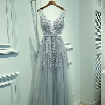 

Sexy V-neck evening gown robe 2019 high quality grey tulle with evening dress beach garden wedding party dress formal dress