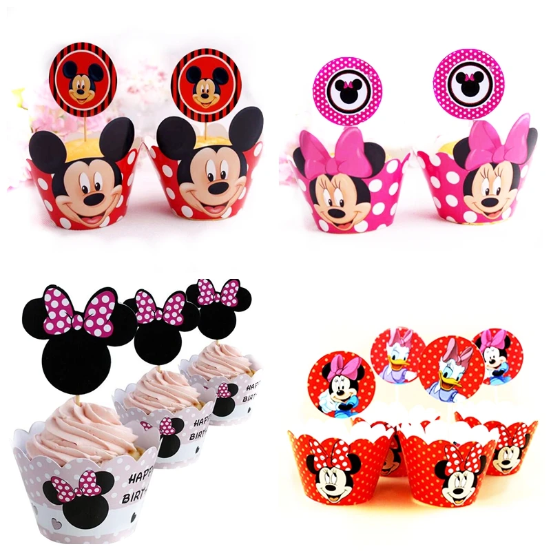 24pcs 12Set Cartoon Mickey Minnie Mouse Cupcake Wrappers Toppers Kids 