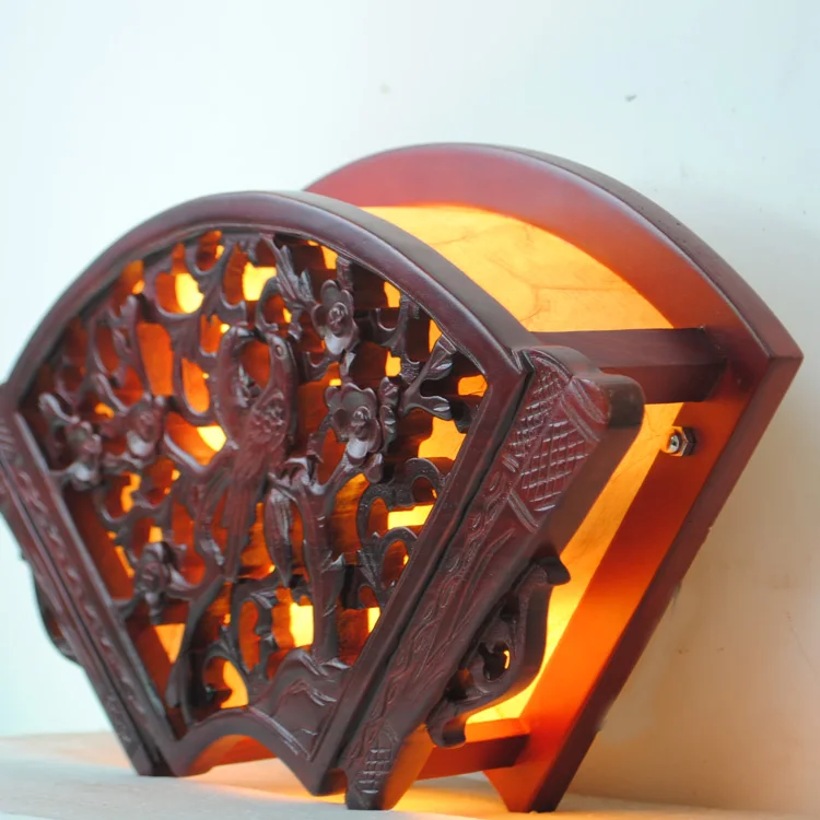 

Chinese fan with solid wood wall lamps retro loft garden corridor bedroom bedside wall lights wood carving home lighting ZA ZS74