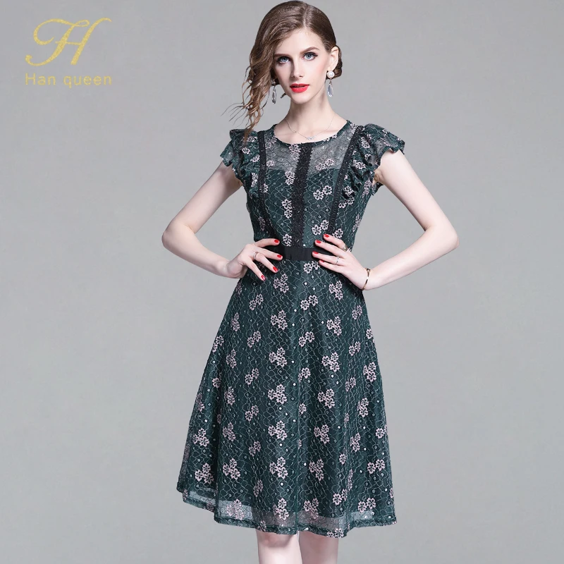 

H Han Queen Summer Dresses Hollow Out Women Floral Crochet Casual Lace Dress O-Neck Runway Femininas Vestidos