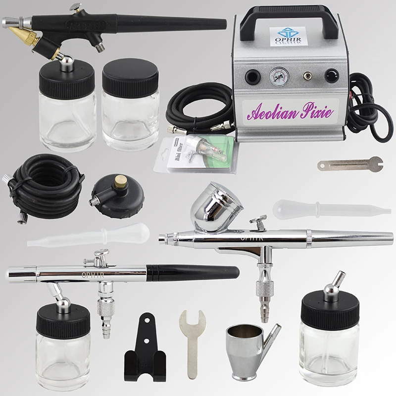 OPHIR 3x Airbrush Dual-Action & Single-Action Airbrush Kit w/ Air Compressor for Body Paint Cake Decoration _AC088+004A+071+072