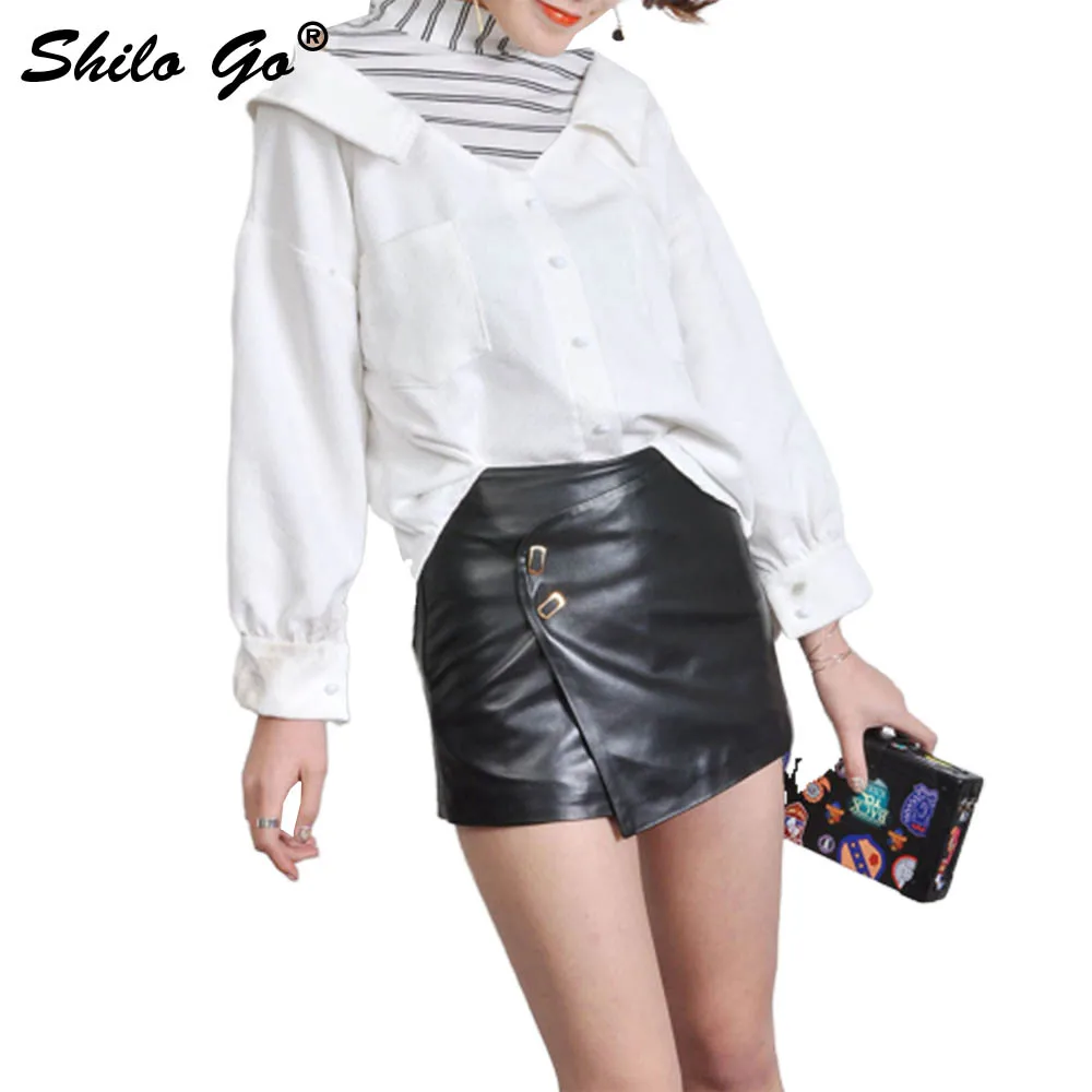 Lederen Shorts Womens Lente Mode schapenvacht lederen Shorts dubbele metalen knop asymmetrische shorts rokken Lederen Shorts Womens Lente Mode schapenvacht lederen Shorts dubbele metalen knop asymmetrische shorts rokken