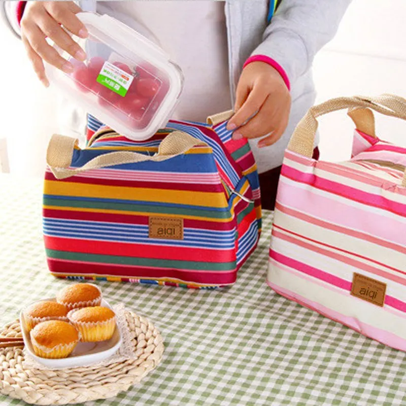 

Loozykit Brand Portable Lunch Holder Bag Insulated Cold Bolsa Termica Multifunction Lunch Bags Canvas Stripe Picnic Carry Case