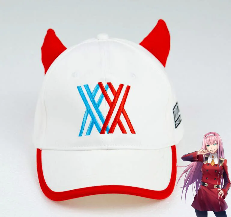 

Anime DARLING in the FRANXX Code 002 Strelizia 02 Zero Two Cosplay Hat Adjustable Embroidery Horns Baseball Cap Christmas Gift