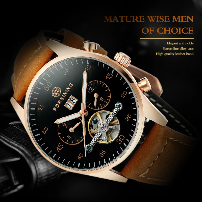 

FORSINING Mens Watches Automatic Mechanical Multi-functional 2 Dial Tourbillion Watch Brown Genuine Leather with Gift Box