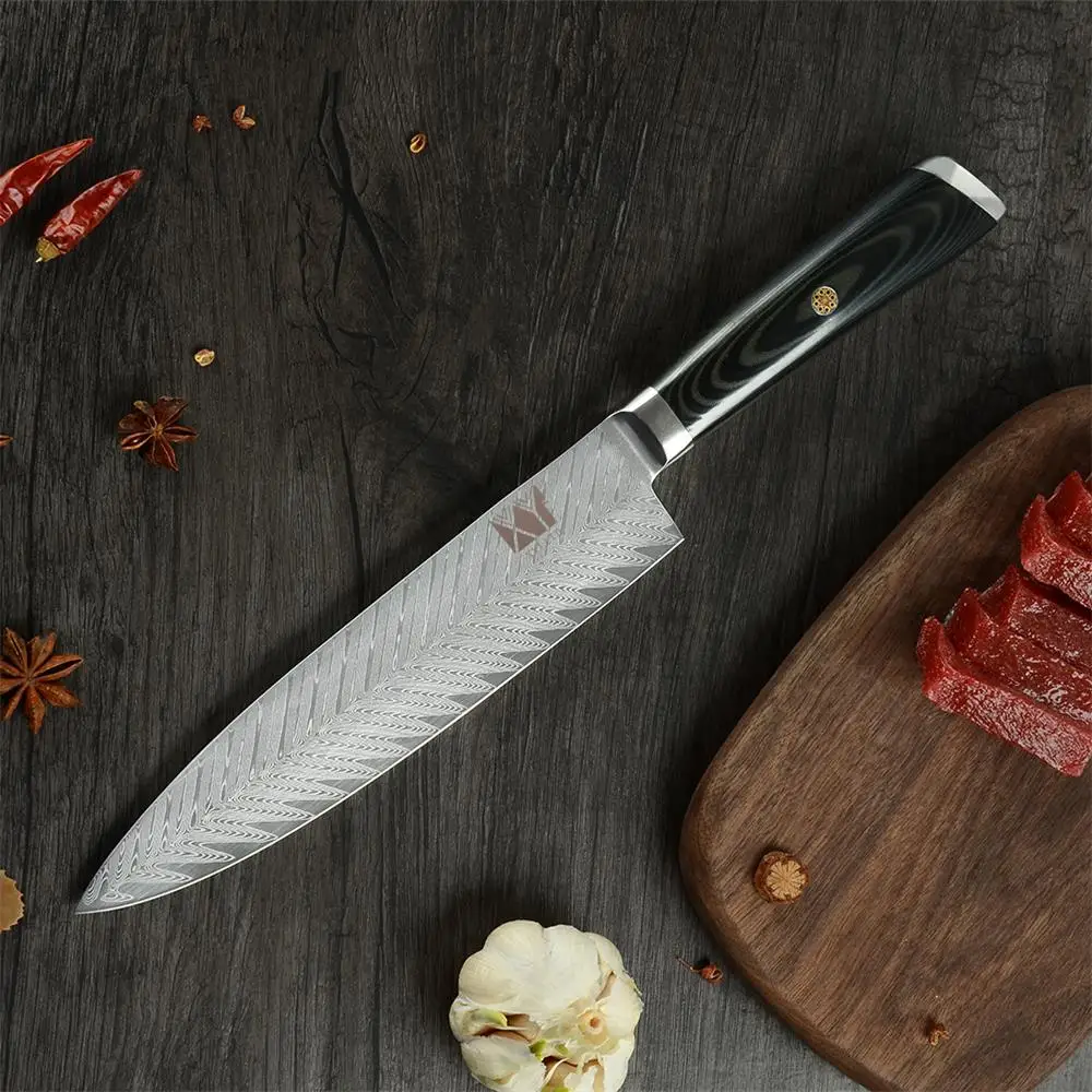 

XYj VG10 Damascus Steel Kitchen Knives 8 inch Fish Bone Pattern Blade Chef Knife Simple Style Vegetables Fruit Damascus Knife