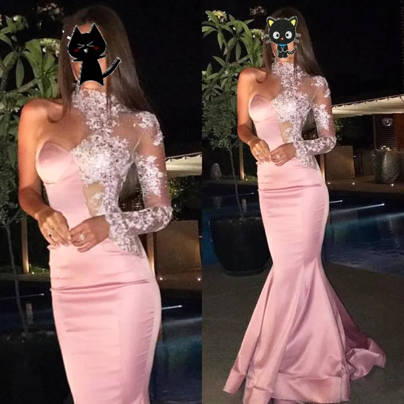 Sheer Evening Dresses Long Sleeves robe de soiree Mermaid Pink Evening Gowns One Shoulder Beaded Lace vestido de festa longo Sheer Evening Dresses Long Sleeves robe de soiree Mermaid Pink Evening Gowns One Shoulder Beaded Lace vestido de festa longo