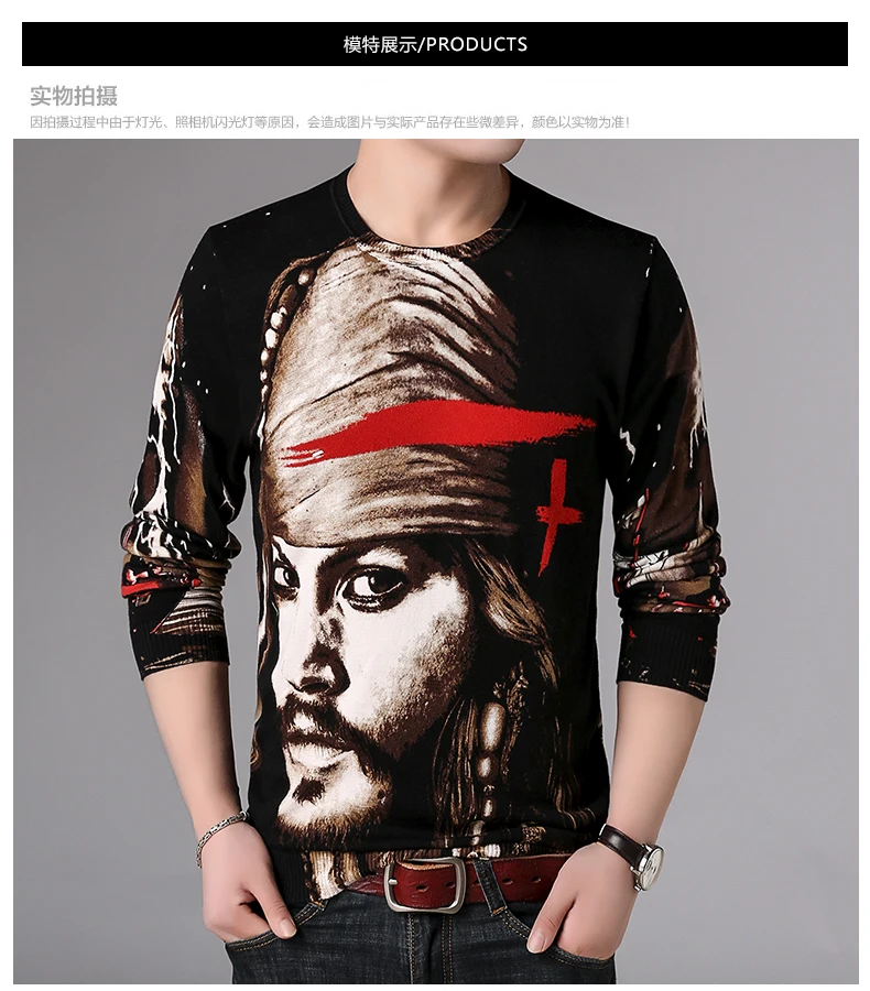 2018 Pullover Sweater Men Autumn Winter Clothes Men O Neck Sweaters Character Pirates Mens Black Sweaters Sueter Hombre Invierno (6)