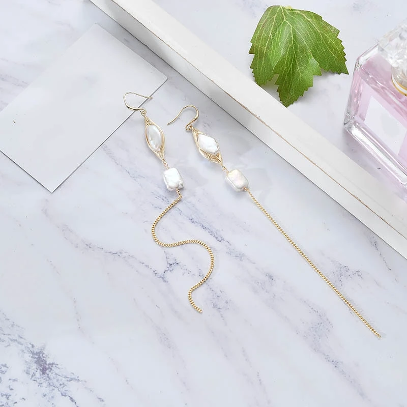 

Real Handmade Fine Jewelry Natural Baroque Pearl Dangle Earrings for Women Long Geometric square 14KGF 2019