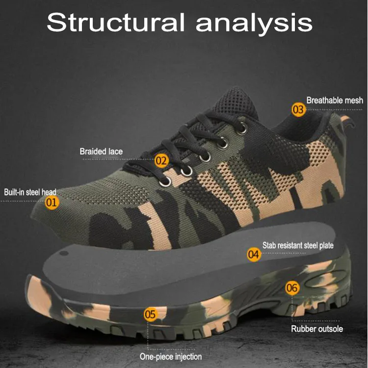 Камуфляжная Рабочая страховая обувь; Мужская дышащая защитная обувь со стальным носком; Женская Нескользящая износостойкая Рабочая обувь
