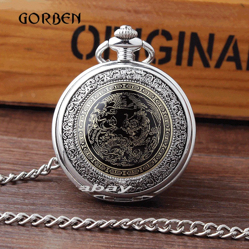 

Retro Bronze Dragon Quartz Pocket Watch Men Antique pocket fob watches Necklace Pendent Chain Mens Watch Relogio De Bolso