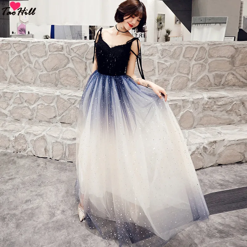 

TaoHill Evening Dresses Gradient Blue Color Shining Sequined Wedding Formal Dress Spaghetti Strap Star Tulle Long Party Gowns