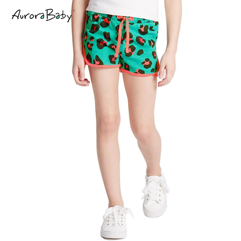2018 New Summer Girls Green Leopard Print Shorts Cotton Short Elastic