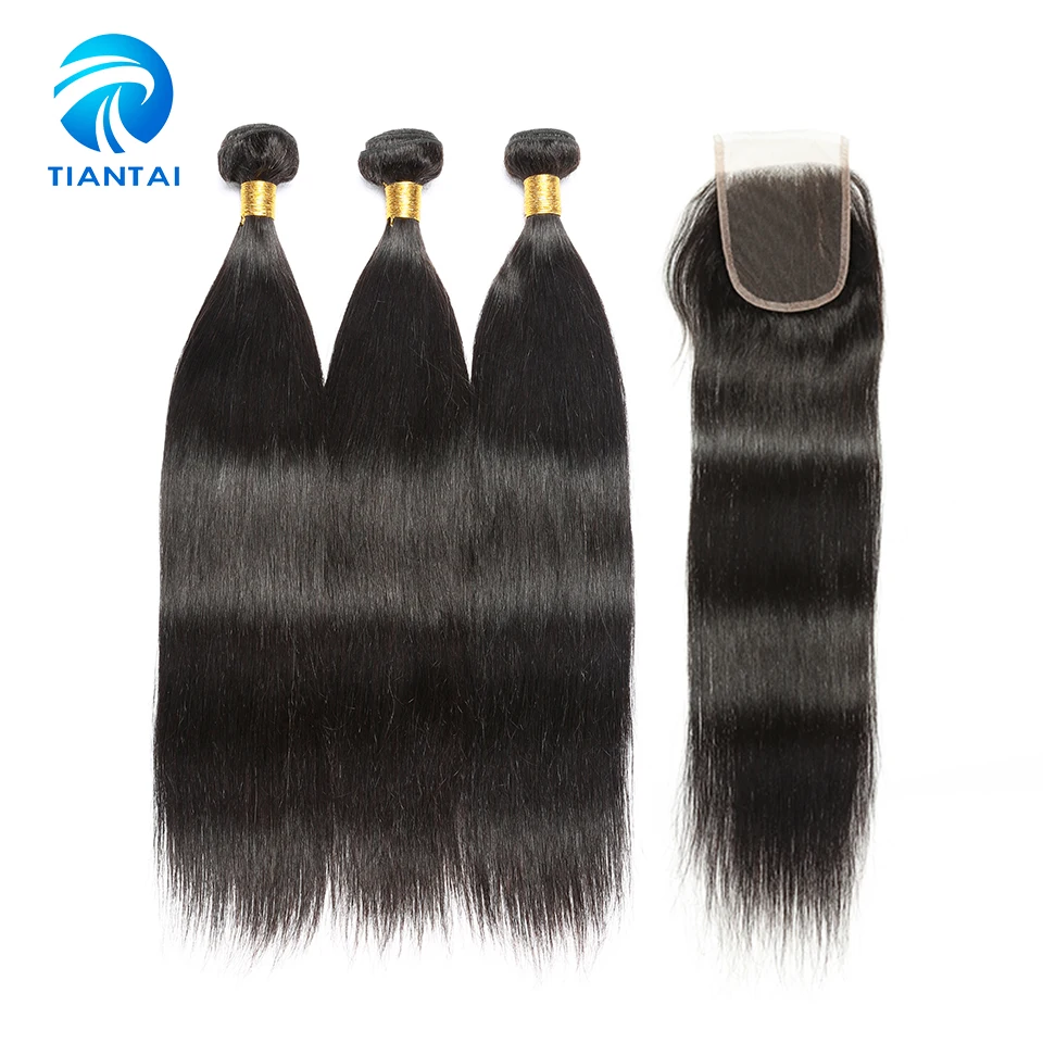 

Malaysian Straight Human Hair Weave with Closure 3 Bundels with 4*4 Lace Closure Remy Nature Color for Black Woman TIANTAI