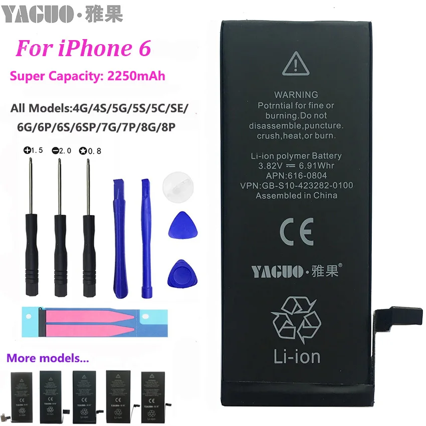 100% оригинальная фотобатарея для Apple iPhone 6 6G супер реальная большая емкость 2250 мАч