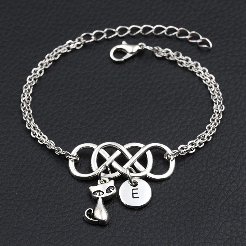 

2019 New Personalized Cute Cat Charms Bracelet Handmade DIY Double Infinity A-Z 26 Letters Bracelets Women Fashion Jewelry