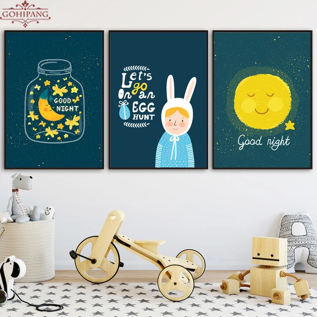 Framed Cartoon Moon Rabbit Wall Art Posters And Prints Canvas Painting Animal Pictures Nursery Room Decoration | Дом и сад