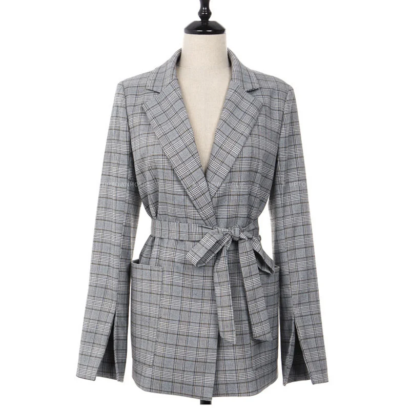 2018 New Autumn Women Gray Plaid Office Lady Blazer