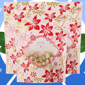 

100pcs Matte printed red gold flower transparent ziplock bag self-sealing sealed tea dried fruit packaging bags