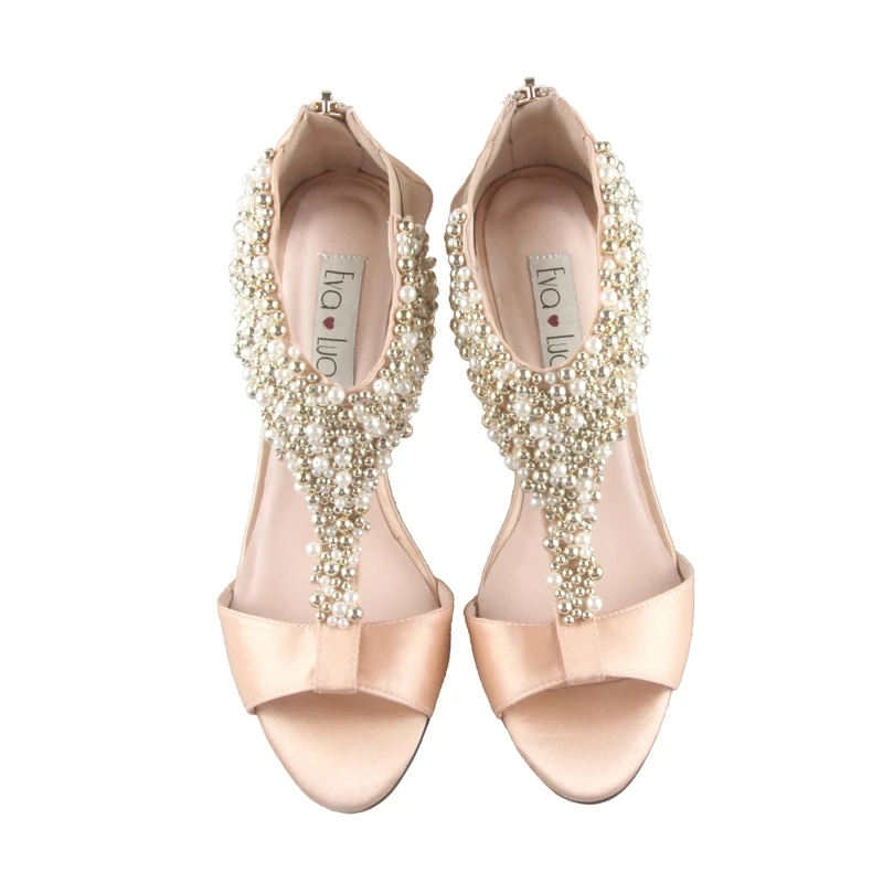 Chs523 Champagne Gold T Strap Beaded Dress Sandals Bridal Wedding