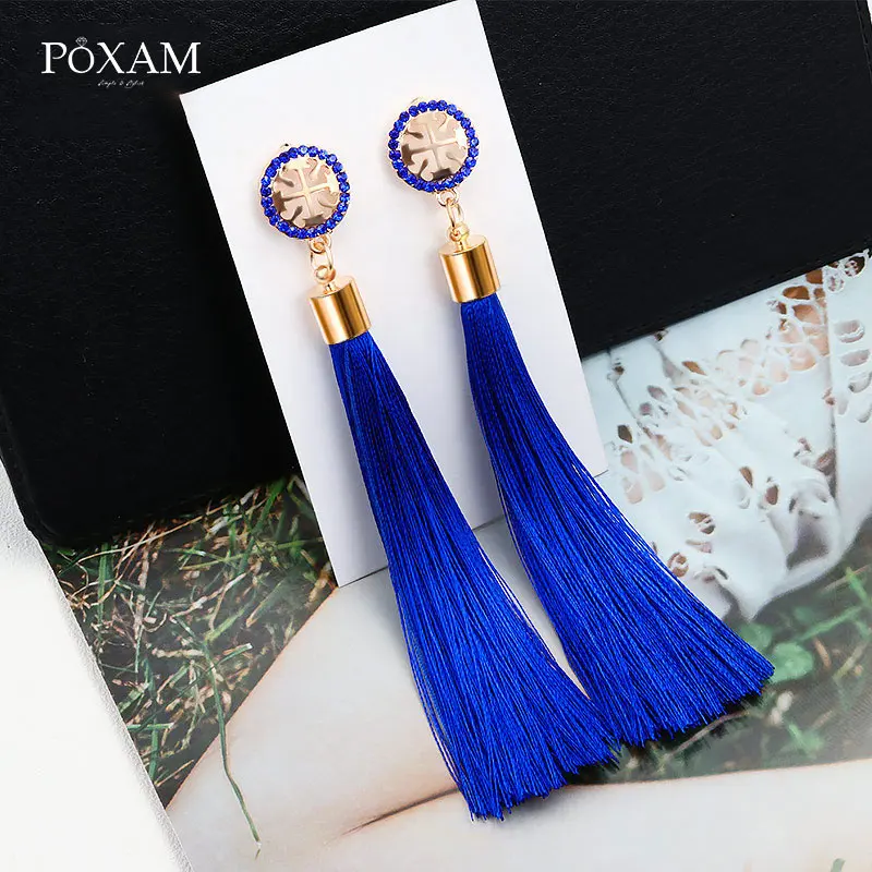 POXAM модные длинные серьги в богемном стиле с бахромой и кристаллами, ювелирные изделия из желтого и красного шелка, висячие серьги с ниспадающими кисточками для женщин - Окраска металла: Blue B