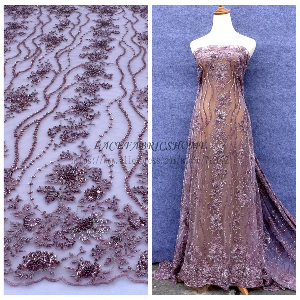 

La Belleza Dark pink and other color handmade heavy beaded wedding dress/evening/show dress lace fabric 47'' widht 1 yard