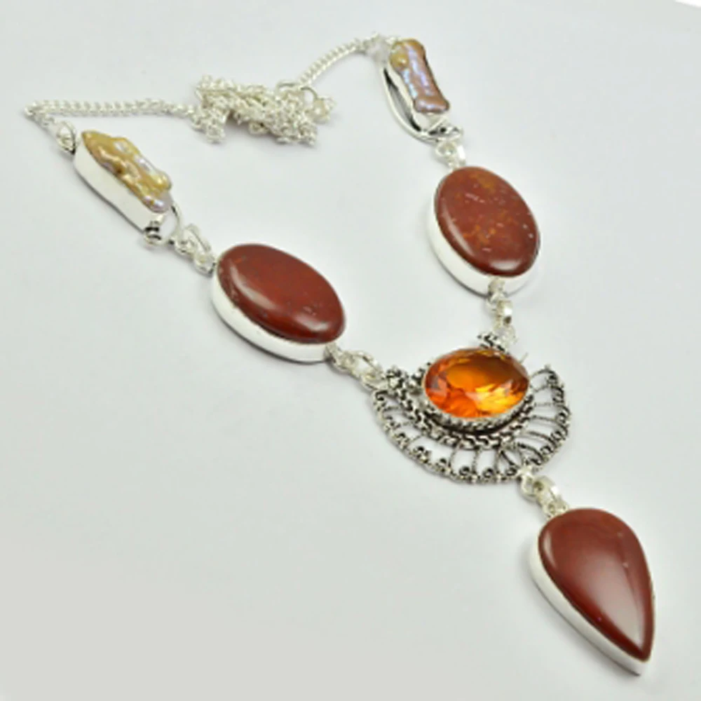 

Red Jaspers & Honey Citrines Necklace Silver Overlay over Copper, 54cm , N2970