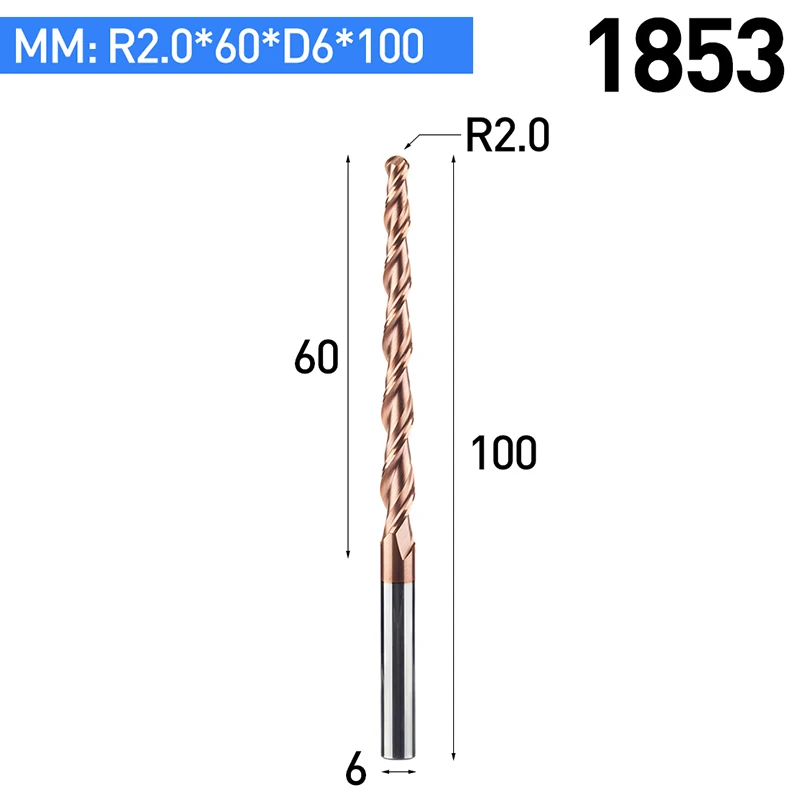1 шт. HRC55 коническая шаровая Концевая фреза с вольфрамовым твердосплавным покрытием конус с ЧПУ фреза D4-D10mm гравировальный станок - Длина режущей кромки: 1853