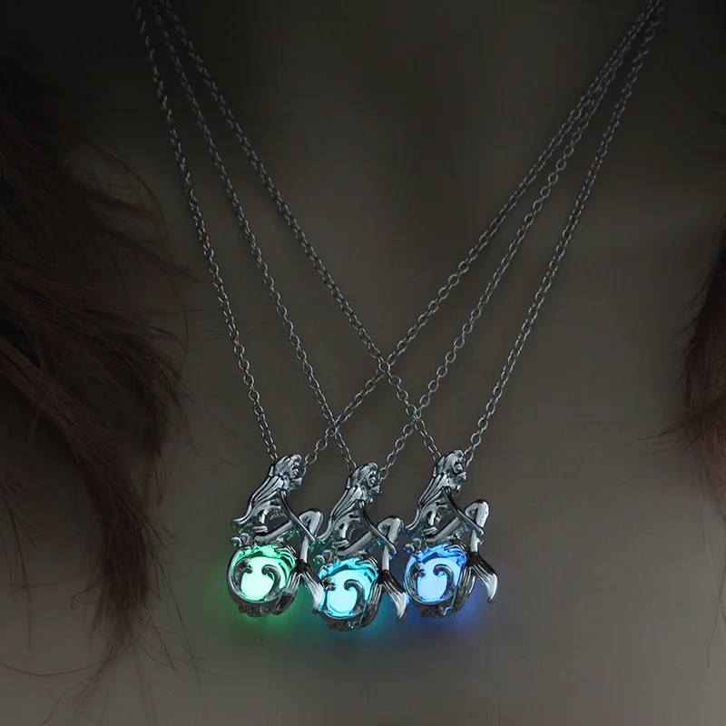 Светящаяся Русалка Женское Ожерелье 3 цвета светящиеся каменные подвесные украшения подарок для женщин Серебряная цепочка Ожерелье