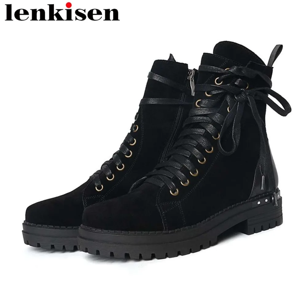 

2018 natural leather black color zipper rock handsome girls rivets motorcycle boots round toe med heels platform ankle boots L32