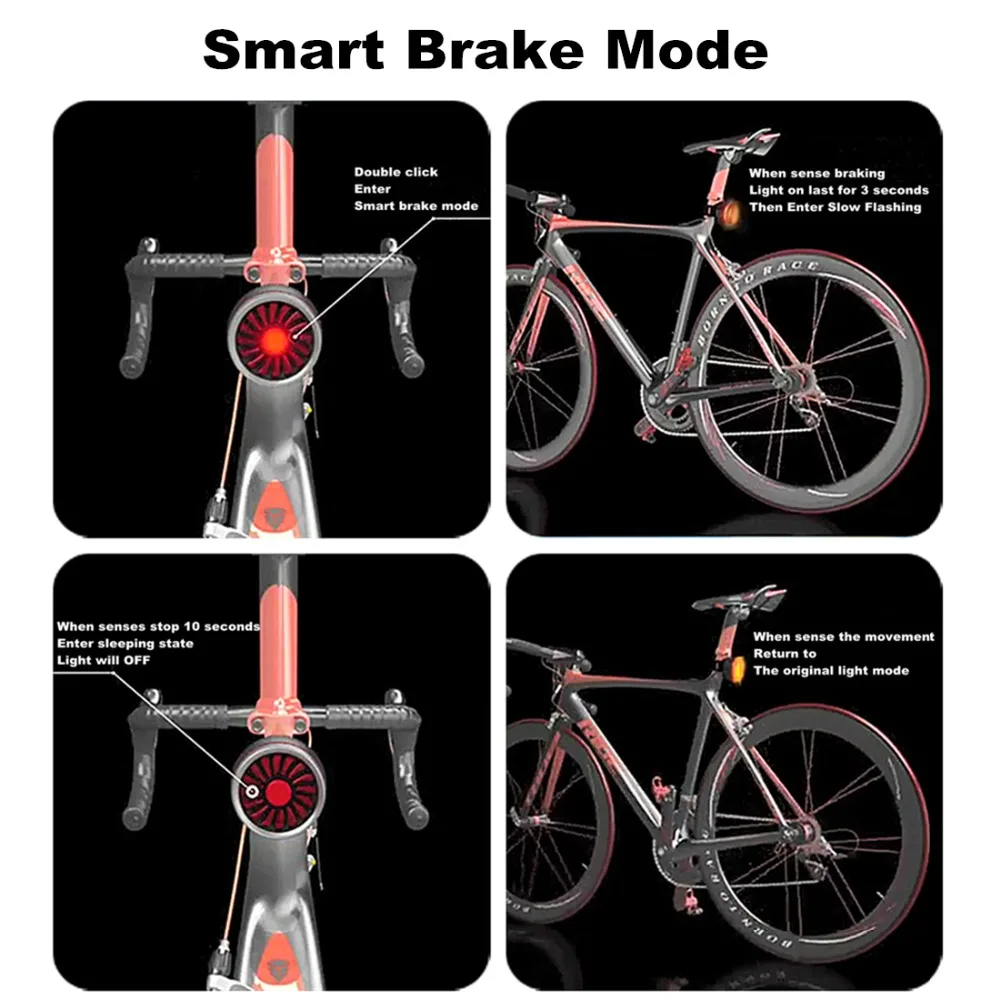 Top Bicycle Flashlight Smart Brake Mode Bike Rear Light USB Rechargeable 5 Modes Safety Warning LED Cycling Taillight 6