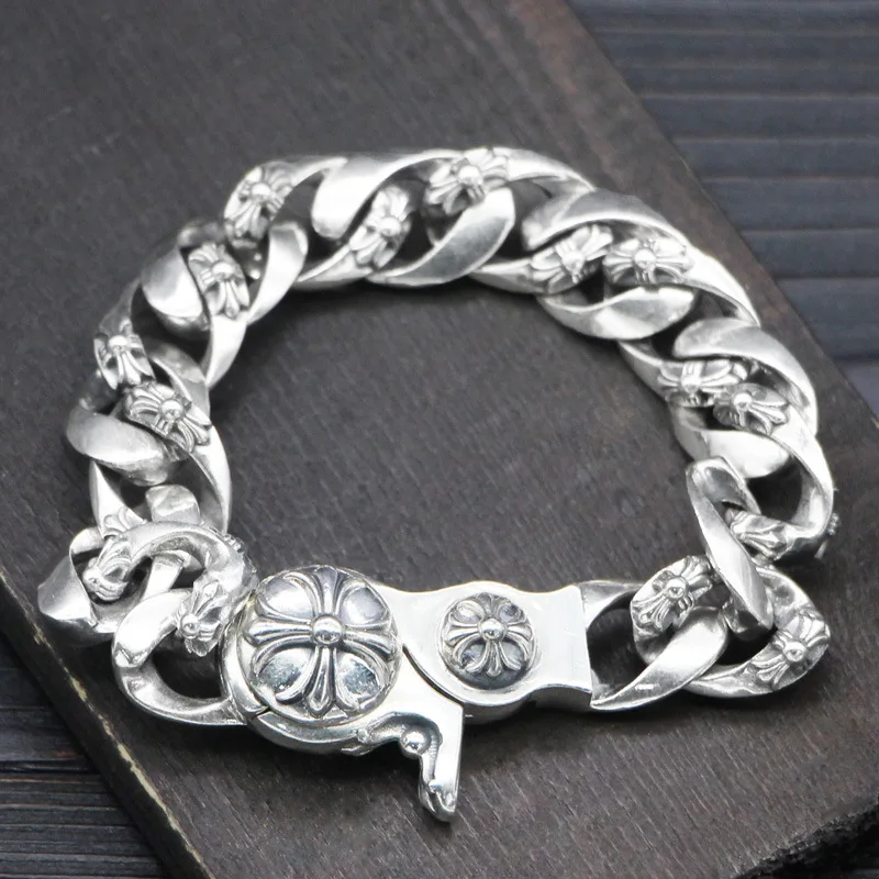 

S925 Sterling Silver Retro Thai Silver Vintage Punk Style Cross Men And Women Fashion Bracelet