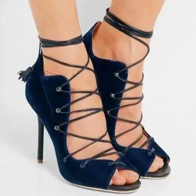 2017  new women gladiator sandals ankle strap blue high heels peep toe celebrity shoes lace up sandals thin heel party sheo