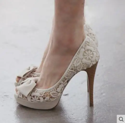 

Chaussures femme white pumps peep top stiletto heel bride dress shoes butterfly-knot lace sexy platform high heel sandals women