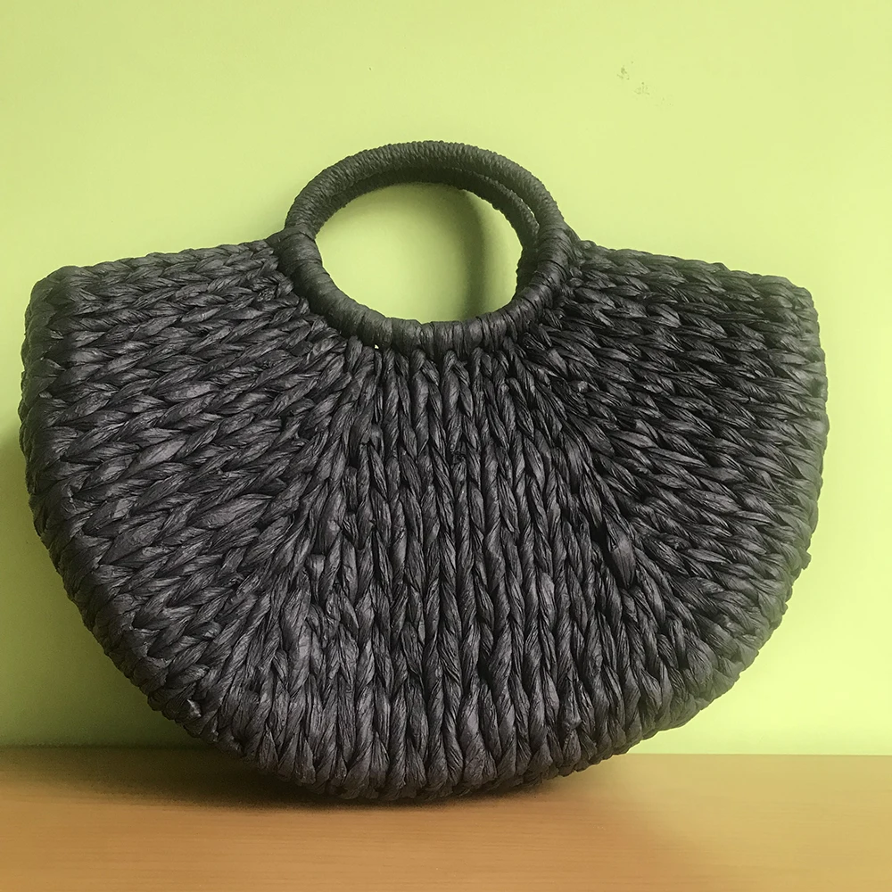 2019 novo balde preto redondo saco de grama mão tecido rattan bolsa