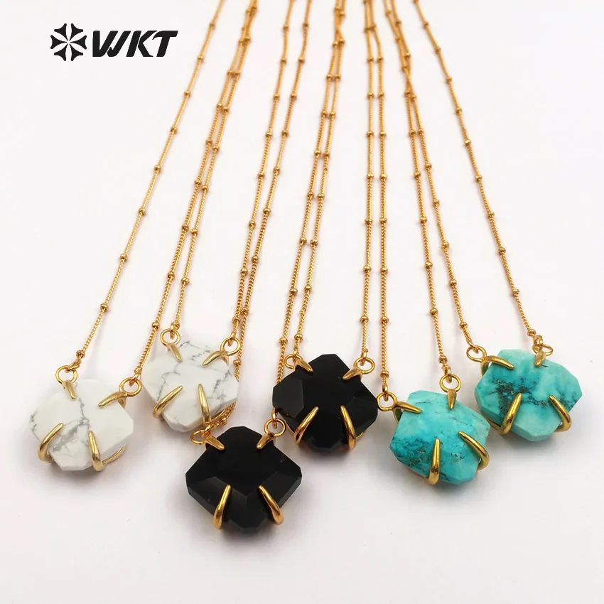 

WT-N1134 WKT Wholesale Natural stone jewelry faceted square stone pendant with 18 inch gold metal chain female fashion necklace