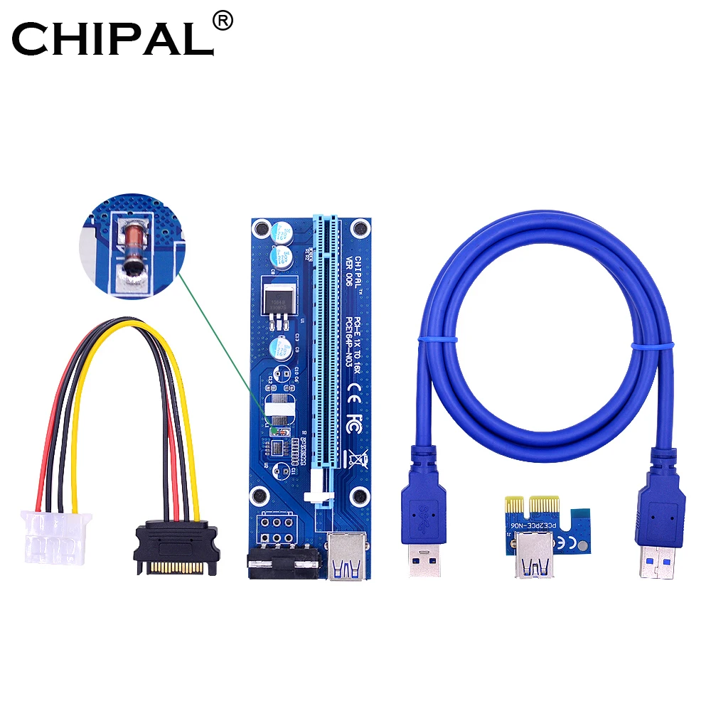 

CHIPAL Regulator Tube 1M VER006 PCI-E Riser Card PCI-E 1x to 16x Extender with USB 3.0 Cable Molex Power Cord for Mining