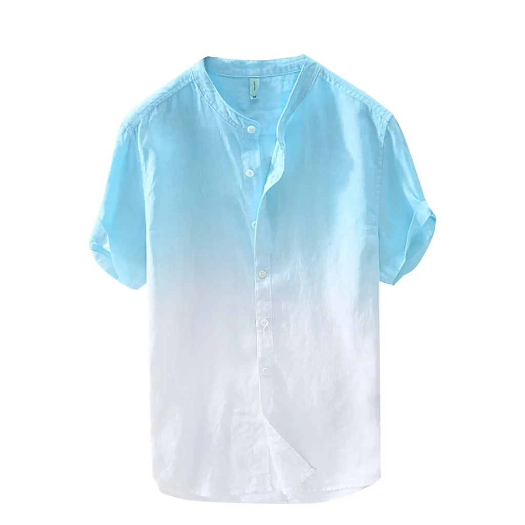 Летние мужские рубашки Повседневная рубашка с коротким рукавом дышащий воротник Висячие окрашенные градиентные хлопковые Блузки Топы Camisa masculina