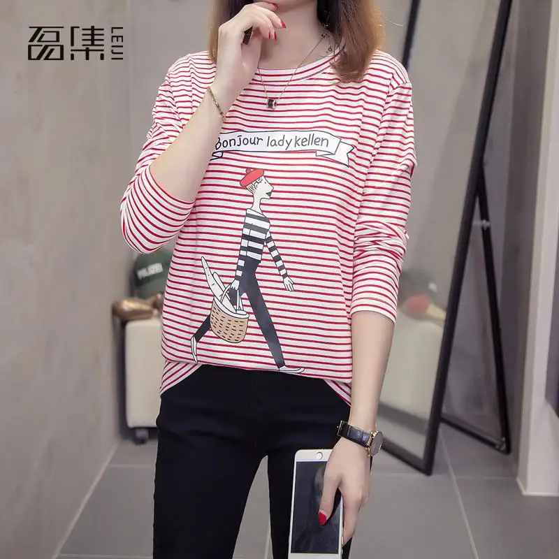 

Cotton T-shirt Women plus size Striped Long Sleeve O-Neck Female T-Shirt cartoon Casual Classic Tops 4XL