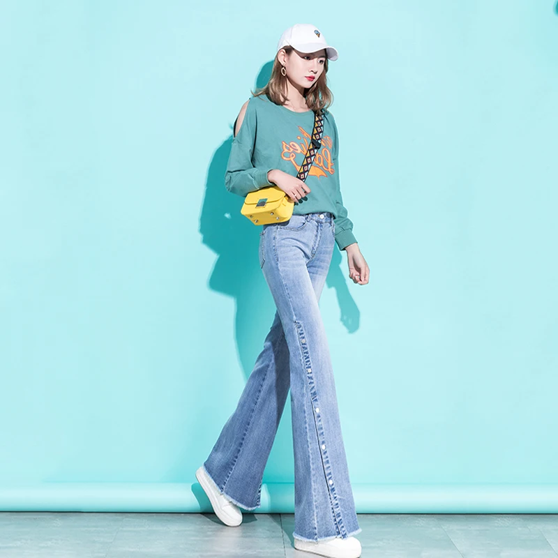 Bell Bottom Jeans Women High Waist Denim Wide Leg Jeans Frayed Edge Fashion Streetwear High Street Palazzo Flare Jeans Trousers