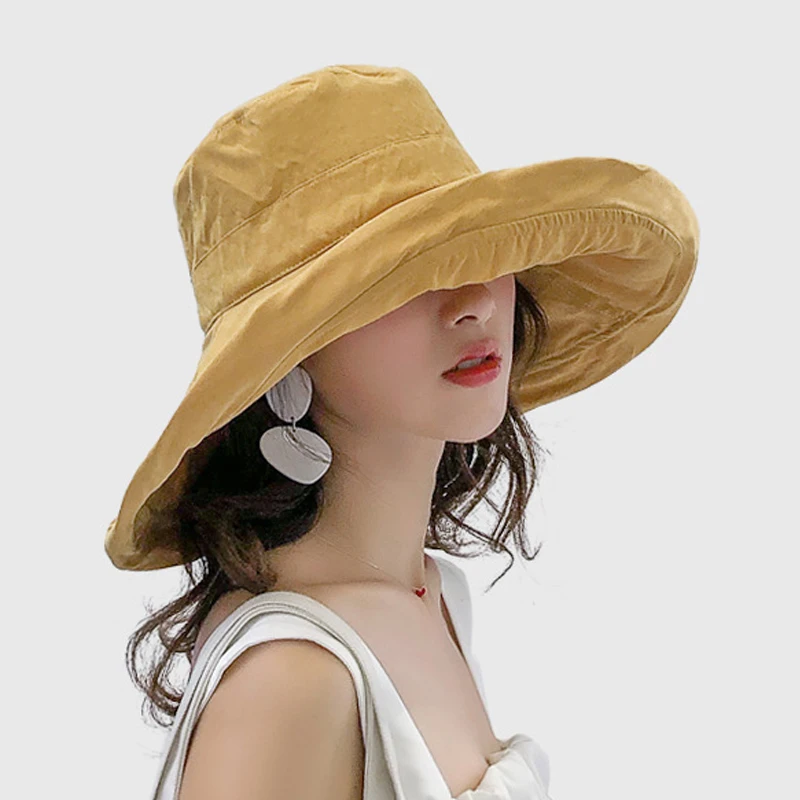 Hurber Womens Straw Wide BrimSun Protection Bucket Hat Floppy Foldable Hat Summer Beach Cap for Travel