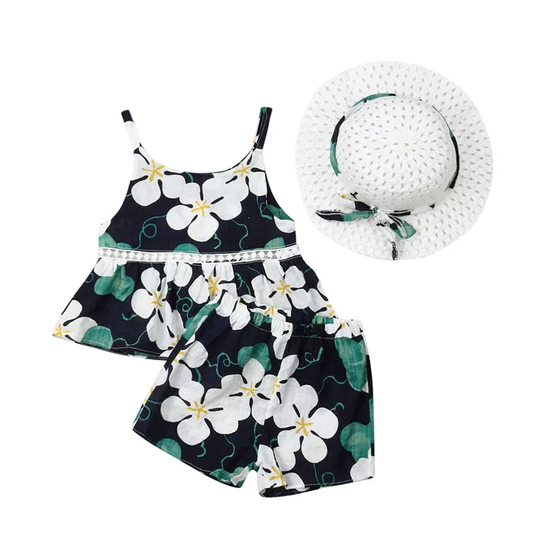 

2019 Boho Kids Baby Girls Clothes Sets Summer Girl Flowers 3Pcs Sleeveless Sling Vest+Shorts+Bow Sunhat Children Girl Sets 0-4Y