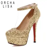 ORCHA LISA Plus ขนาด 34-43 สายคล้องคอบางสูงรองเท้าส้นสูงผู้หญิงปั๊มรอบ toe ทอง Glitter platform รองเท้าแต่งงาน A286C