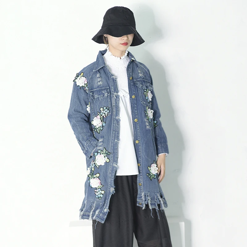 Blue Revers Jh209 Nouveau En Veste Commune Fendue Dimensions Longues Manches Long eam Lâche Mode Printemps Femmes Fleur Trois 2019 Denim wUq5UtH