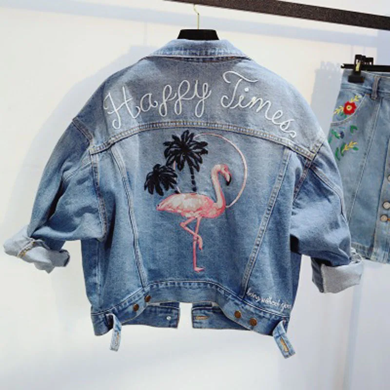 

Denim Jacket Embroidery Red FlamingoLittle Tiger Loose Version Washed And Worn Fashion Denim Jacket Bat Sleeve Type