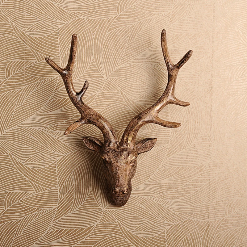 Deer Head Sculpture Murals Home Wall Hanging Animal Statue Decoration Resin Handmade European Village Ornament Artwork Craft