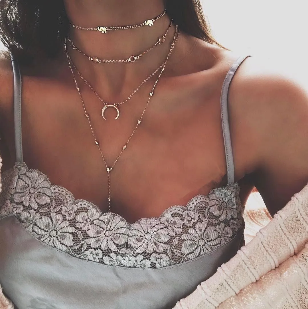 

New Boho MultiLayer Maxi Necklac Women Chain Moon Elephant Pendant Tassel Choker Necklace Girl Ethnic Vintage Party Jewelry Gift