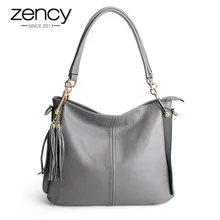 Женская сумка на плечо Zency с кисточкой, натуральная кожа, элегантная сумка через плечо, женская сумка-мессенджер, вместительная сумка, серый, черный