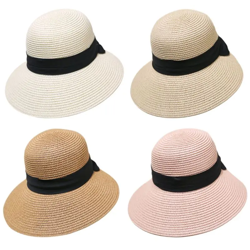 

Womens Summer Wide Brim Straw Beach Cap Black Bowknot Ribbon Foldable UV-Protection Adjustable Floppy Irregular Sun Visor Hat