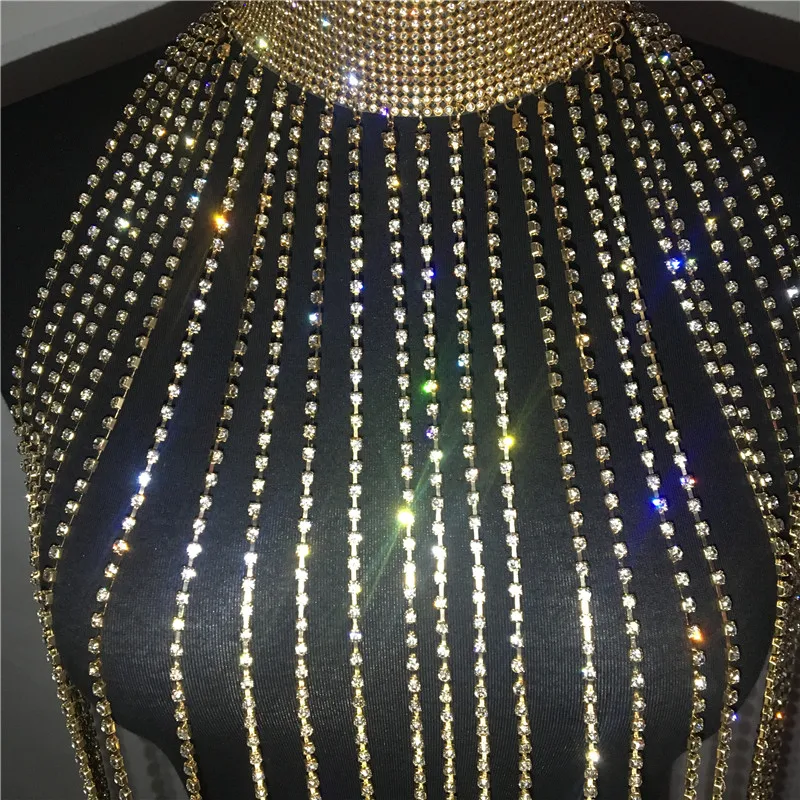 Women Sexy Rhinestone Nightclub Mini Dress Choker Halter Gold Silver Tassel Diamond Chain See Through Hollow Out Mini Dress